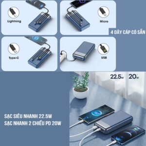 Pin dự phòng sạc nhanh Remax RPP-199/200 hổ trợ sạc QC3.0 PD 20W tích hợp 04 cáp sạc vào, ra đa năng Max 22.5W 3 webmau16.com a5a091408689de6b58ce02268b3765e9 - sacduphonginlogo.com